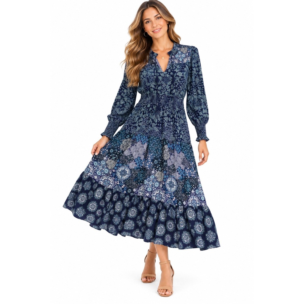 Michael Michael Kors Blue Paisley Patchwork Smocked Waist Midi Dress Womens 2X